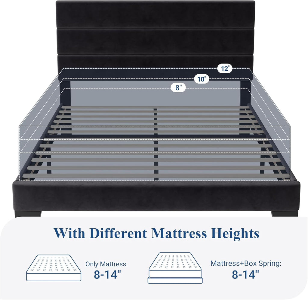 Full Platform Bed Frame with Velvet Upholstered Headboard and Wooden Slats Support