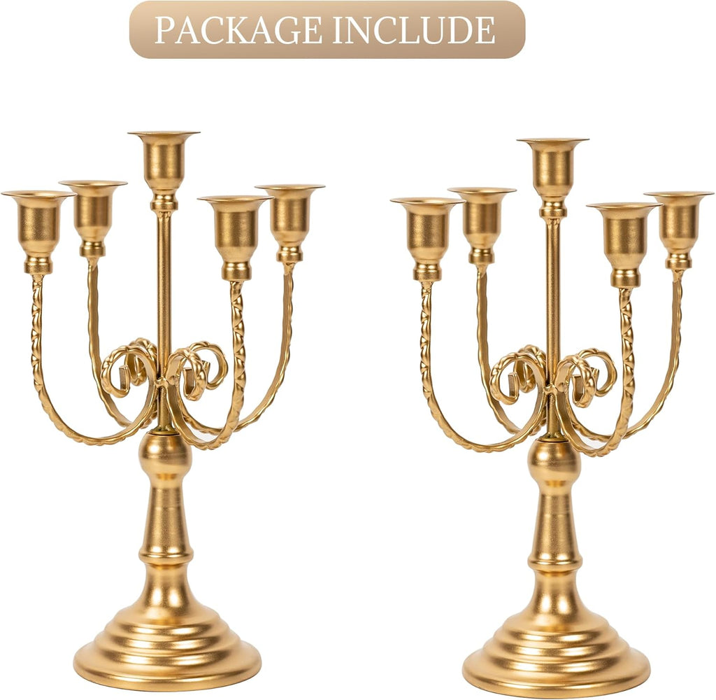 2Pcs Gold Candelabras Centerpieces for Tables, 11.8" Candlestick Holder for Taper Candles, 5 Arm Brass Candelabra