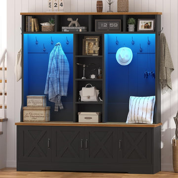 Hall Tree with Bench and Shoe Storage, Farmhouse Entryway Bench with Coat Racks and Led Lights, Black Large Hall Tree
