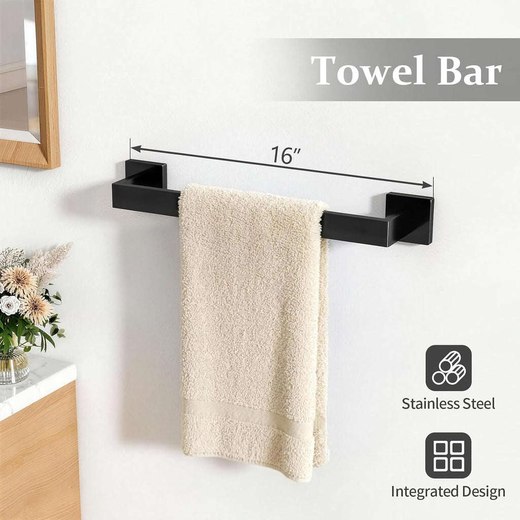 5-Piece Matte Black Bathroom Accessories Hardware Set | Stainless Steel Towel Racks , 16 Inch Bath Towel Bar Set Wall