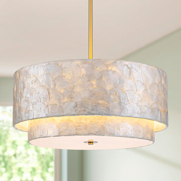 D18in Drum Capiz Shell Chandeliers, 5-Light Coastal Style 2-Tier Light Fixture, D18*H17~47 Inch (Adjustable Height)