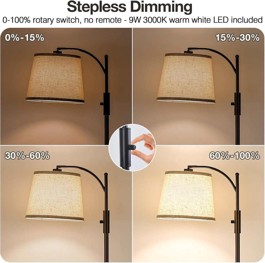 Dimmable Floor Lamp，Standing Lamp Rotary Switch with Table&Linen Beige Shade，Brown Tall Lamps with Adjust Head，9W LED