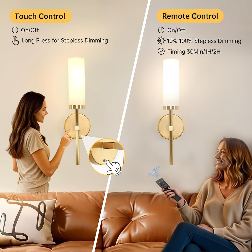 Battery Operated Wall Sconces Set of 2, Gold Rechargeable Wall Lighting Fixtures, Dimmable Wall Lights with Remote &