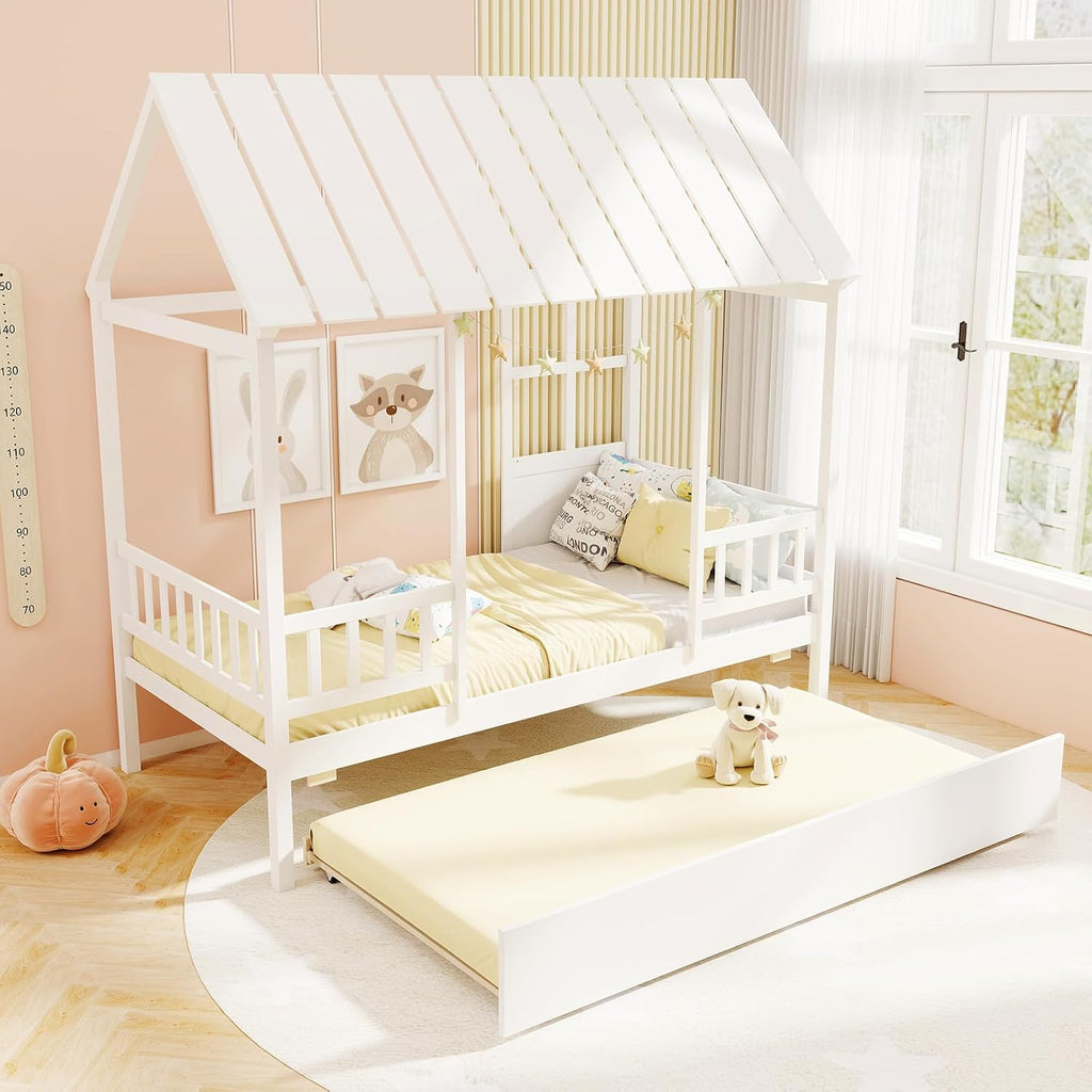 Tw Bed with Trundle Bed Twin, Wooden Montessori Bed Frame with Roof & Safety Guardrail for Kids, Teens, Boys or