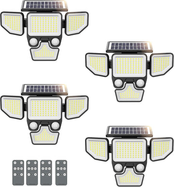 3000LM Solar Lights Outdoor, 4 Heads Solar Security Lights with Remote Control, 180 LEDs IP65 Waterproof Motion