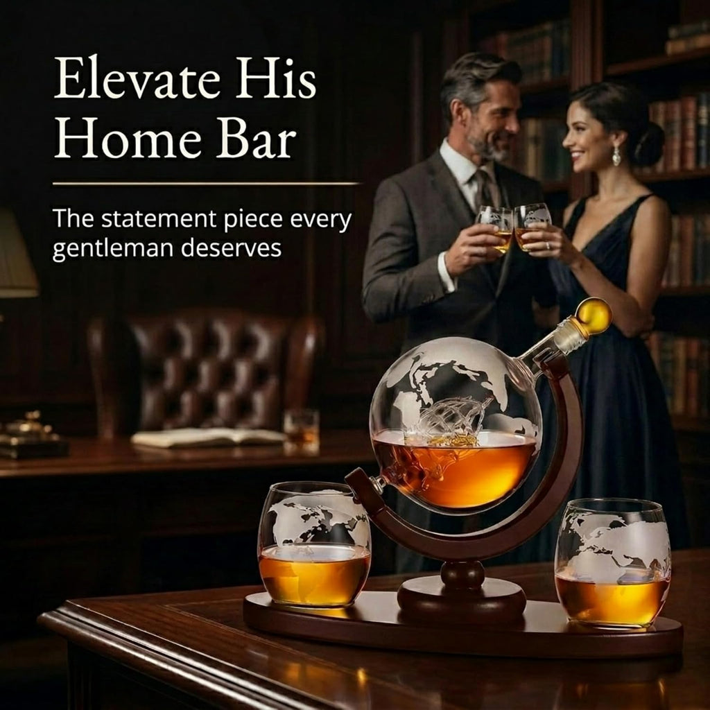 Gifts for Men, Whiskey Decanter Globe Set with 2 Etched Whiskey Glasses - for Liquor Scotch Bourbon Vodka, Gifts For