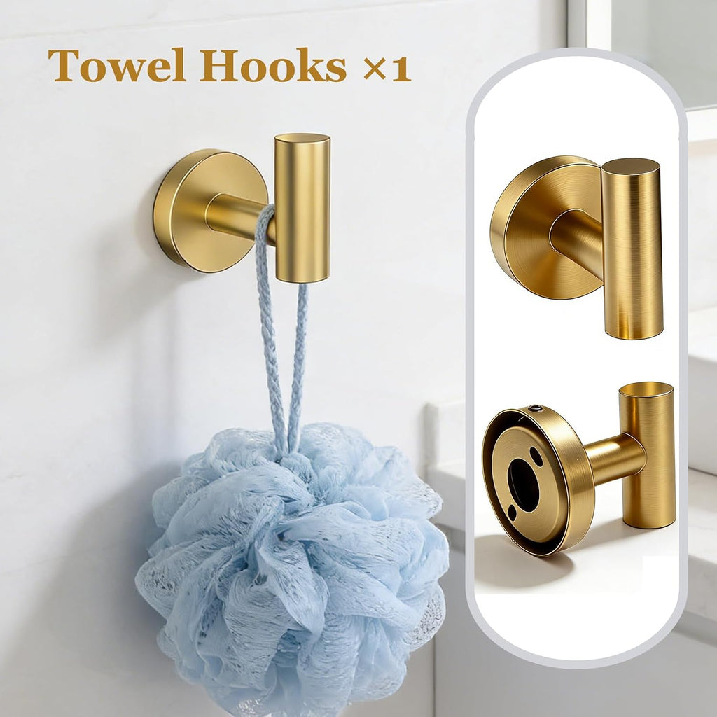 5-Pieces Wall Mount Bathroom Hardware Set,22in Brushed Gold Towel Bar Set | Stainless Steel Waterproof Bathroom