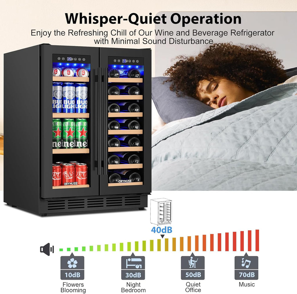 24" Dual Zone Wine & Beverage Refrigerator - Under Counter Cooler with Upgraded Cooling & Blue LED Light
