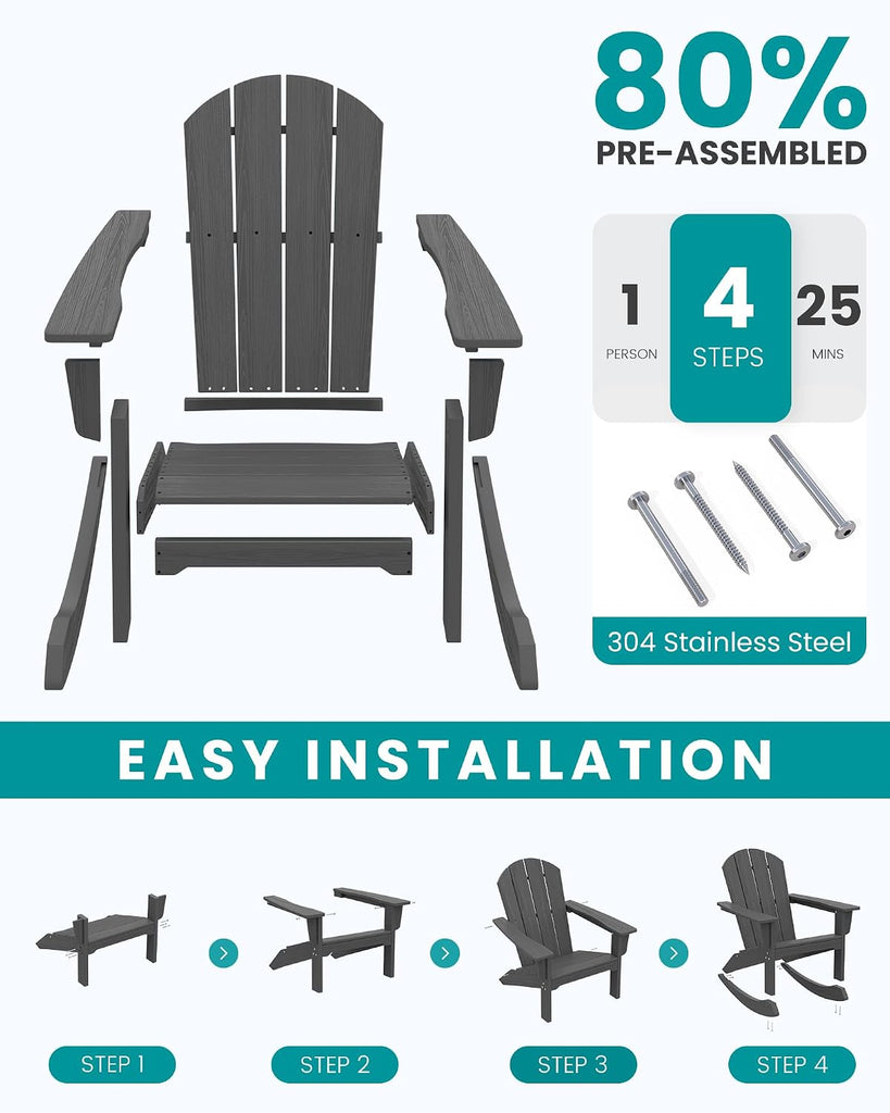 Outdoor HDPE Adirondack Rocking Chairs Set of 2, All-Weather, Grey | The rocking chair features safe rocking design