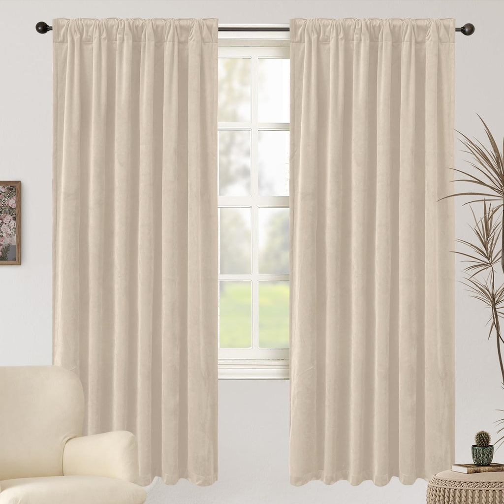 Cream Beige Velvet Blackout Curtains 72 Inch Length