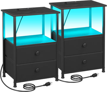Night Stand Set 2, LED Nightstand with Charging Station, End Tables with Storage Shelf, Bed Side Table with 2 Fabric