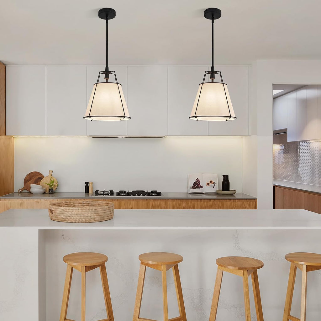 Modern Pendant Light Fixtures with 12" White Linen Fabric Shade, Adjustable Hanging Light Fixture,Drum Black Vintage