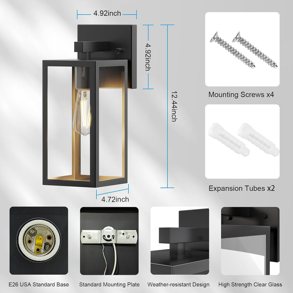 Outdoor Wall Lights, 12.4 Inch Waterproof Lanterns with Frame and Clear Glass Shade, Exterior Front Porch Lights Matte Black Wall Sconce, Modern Mounted Lighting for Patio Entryway Hallway, 2 Pack