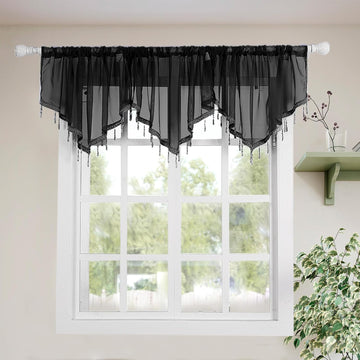 Swag Curtain 51 inch Length Rod Pocket Scalloped Curtain Valance Sheer Lace Panels with Hanging Crystal Beads for Kitchen Bedroom Window Treatments Drape Decor 1pc (Black, 51Wx23L)