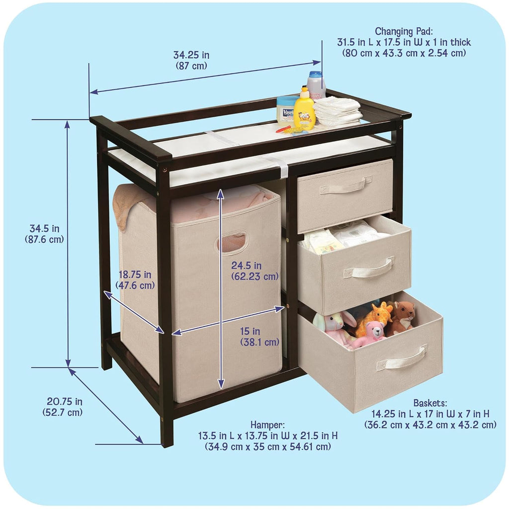 Modern Baby Changing Table - Diaper Changing Station with Laundry Hamper, 3 Storage Drawers, Changing Pad, and Safety