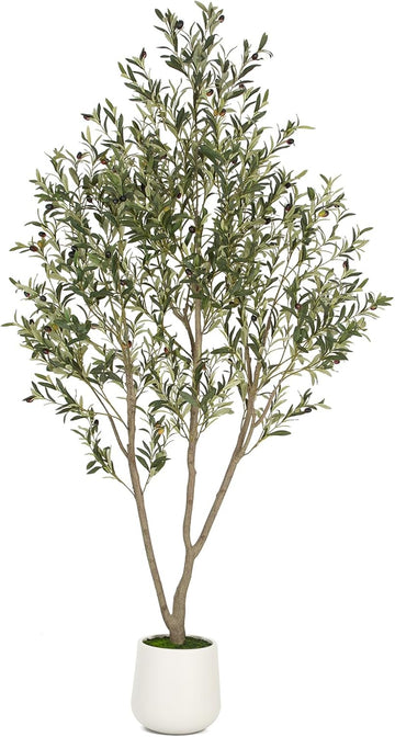 Olive Trees Artificial Indoor, 7FT Tall Faux Olive Tree with White Tall Planter, Artificial Plants with Natural Wood