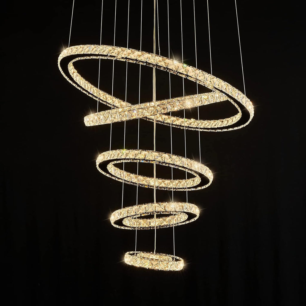 Modern Crystal Chandeliers for High Ceilings, 5 Rings Led Chandelier Pendant Light Fixture 3 Colors Adjustable, Gold Chandelier for Foyer Dining Room Bedroom Living Room Staircase, D8"-12"-16"-20"-24" A100-B0BBQWBQCK