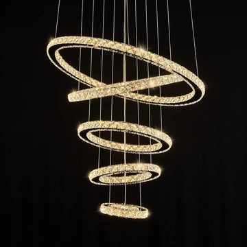 Modern Crystal Chandeliers for High Ceilings, 5 Rings Led Chandelier Pendant Light Fixture 3 Colors Adjustable, Gold Chandelier for Foyer Dining Room Bedroom Living Room Staircase, D8"-12"-16"-20"-24"