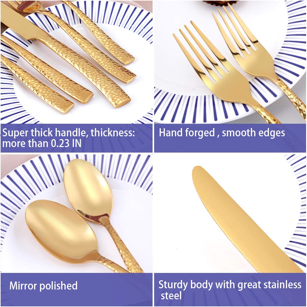 Silverware Set Flatware Set Gold Hammered 20 Pieces Service for 4