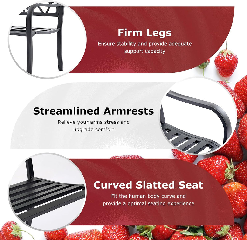 50" Strawberry Outdoor Garden Bench, Weatherproof Sturdy Cast Iron Metal Frame Patio Park Bench for Porch Yard Lawn