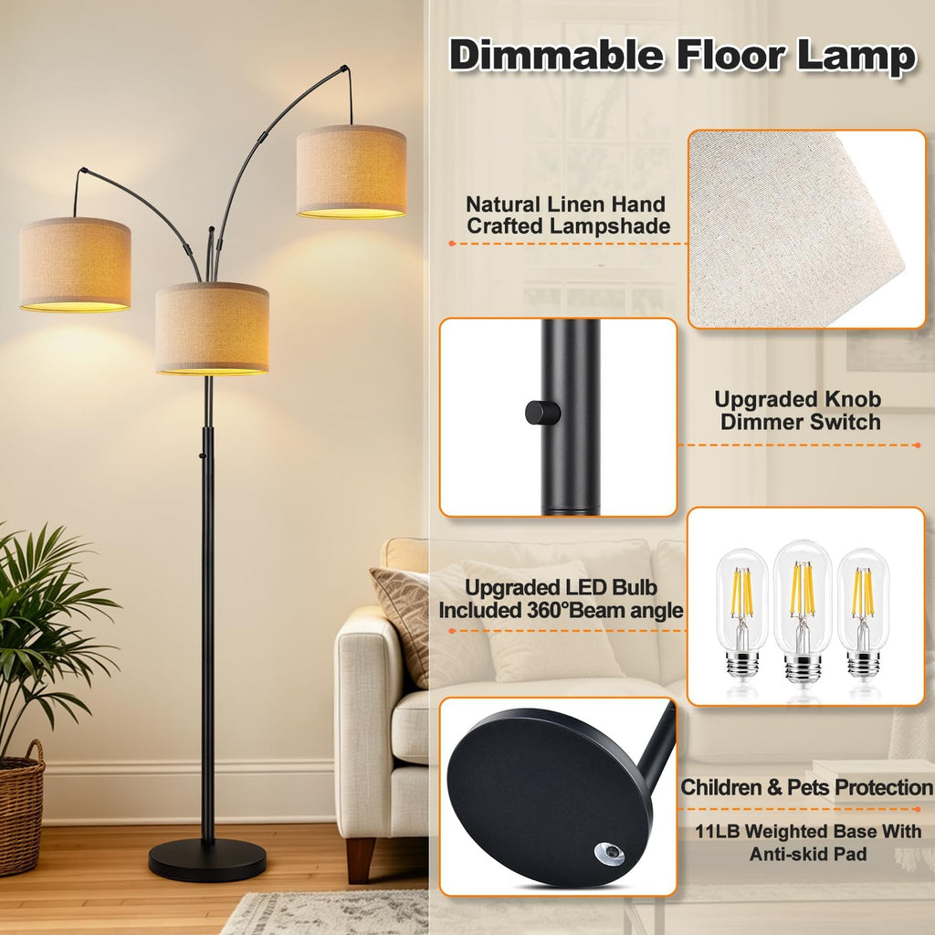 Dimmable 3 Lights Floor Lamp - 3000LM Super Bright Arc Floor Lamps, Modern Tall Standing Lamp With Beige Shades