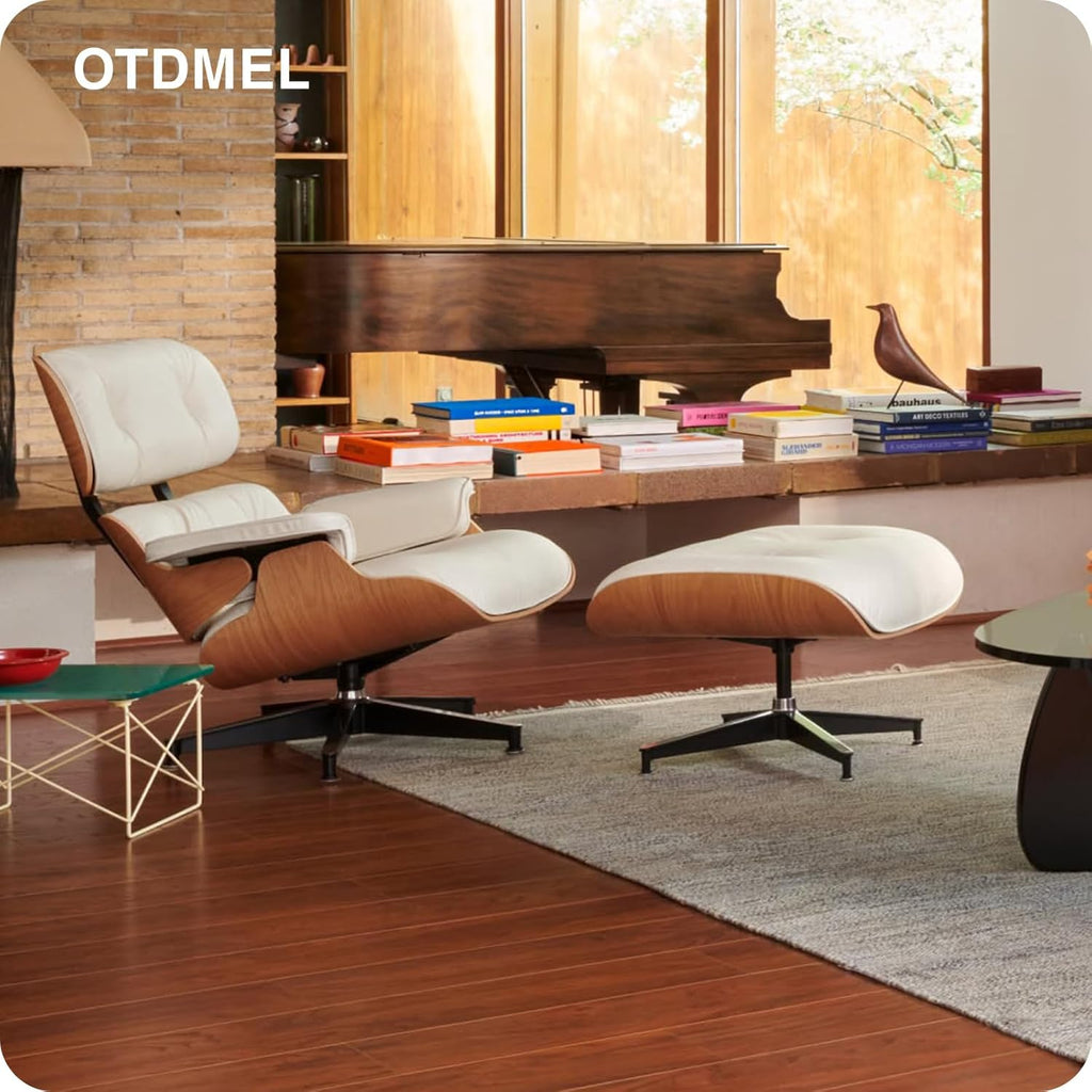 Mid-Century Modern Lounge Chair & Ottoman — White Bonded Grain Leather, Walnut Base, Premium Tall Back