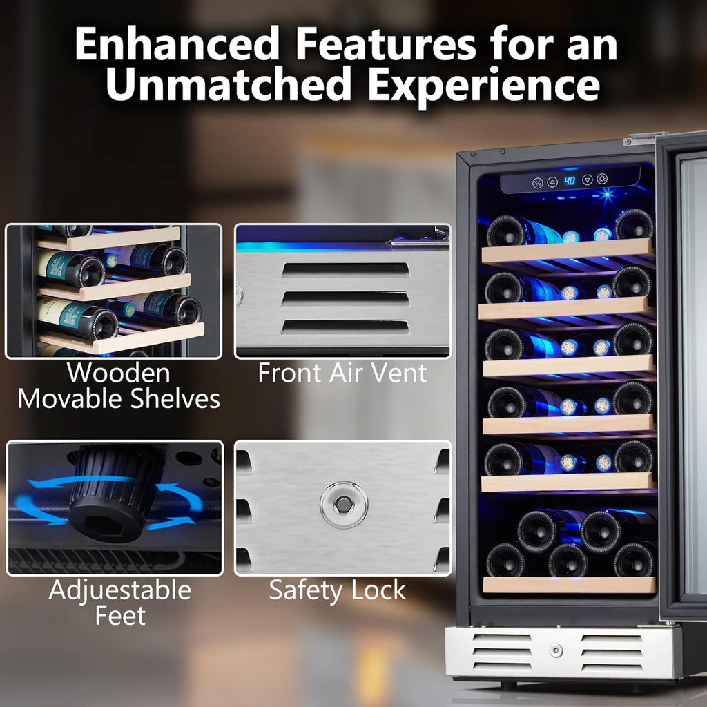 15 Inch Wine Cooler Refrigerator - 30 Bottle Under Counter Mini Fridge with Doub