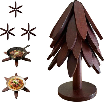 Wooden Trivets for Hot Dishes, Tree Trivets, Wooden Walnut Color - Set of 5