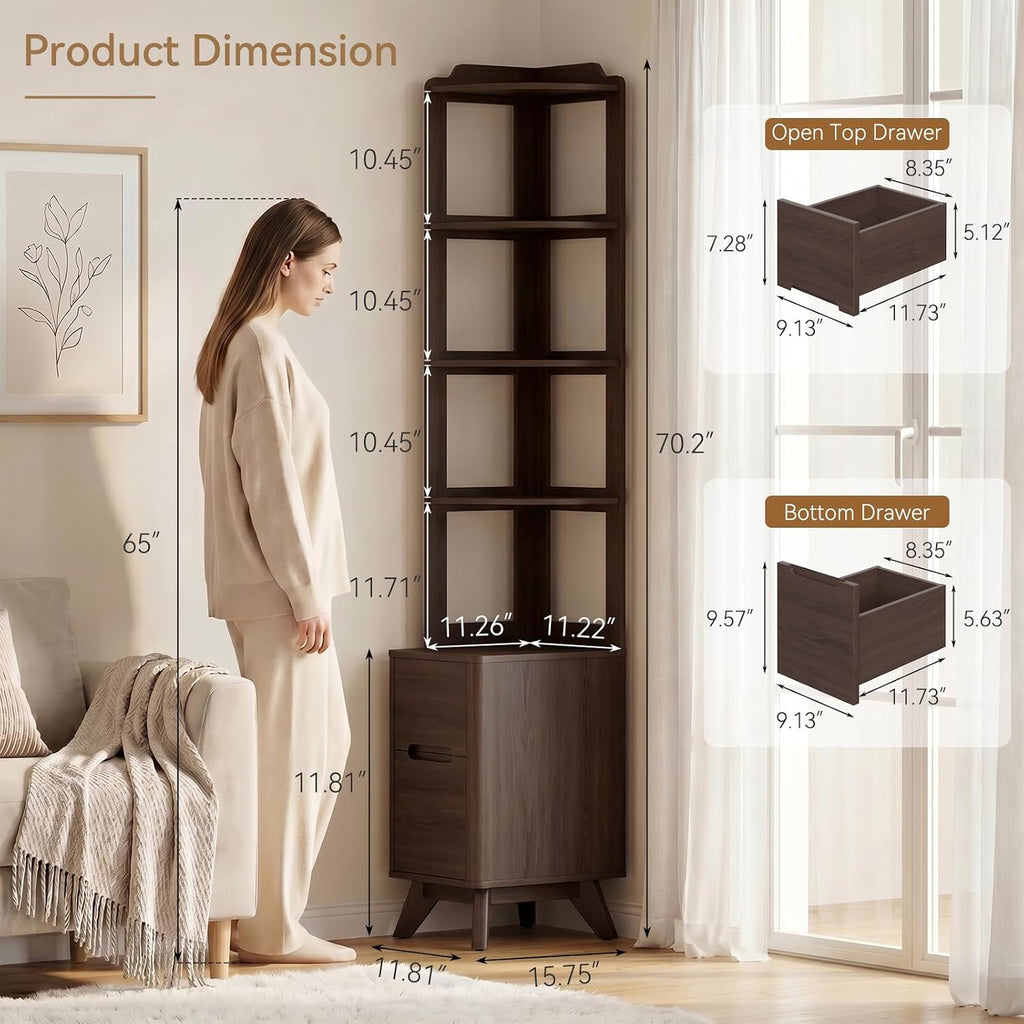 70" Tall Nightstand with Bookshelf, Corner Shelf Stand with Charger Station | Wall Wood Reversible Open Shelf, Modern