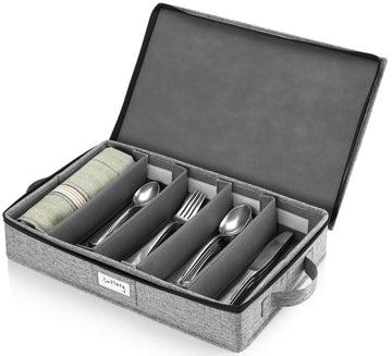 Flatware Storage Case with 5 Adjustable Compartments - Tableware Utensil Chest with Carrying Handles - Protects and