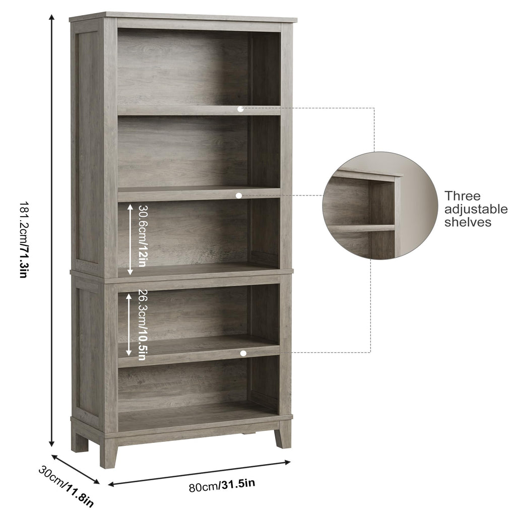 71" Farmhouse Bookcase, 5-Tier Tall Bookshelf with Adjustable Shelves