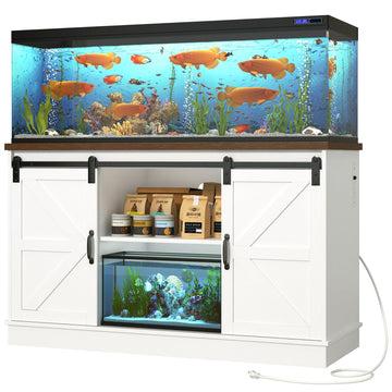 Farmhouse 55-75 Gallon Fish Tank Stand with Power Outlet, Aquarium Stand w/Cabinet&Sliding Barn Door, Heavy Duty