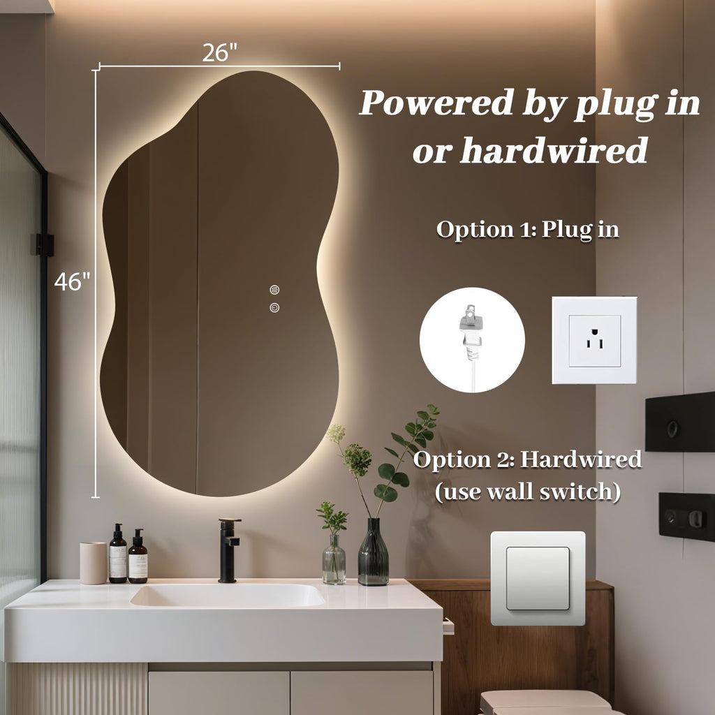 46"x26" Asymmetrical Bathroom Mirror with Lights, Irregular LED Backlit Vanity Mirror for Modern Master Bathroom