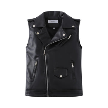 Kids Faux Leather Motorcycle Vest Sleeveless Biker Coat Black