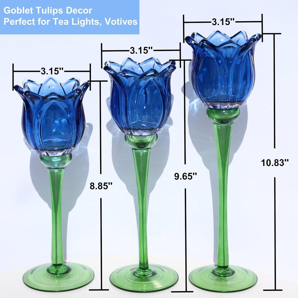 Blue Flower Tealight Candle Holder Set of 3 with Different Heights, Lovely Tulips Tea Light Candle Holder Glass Table