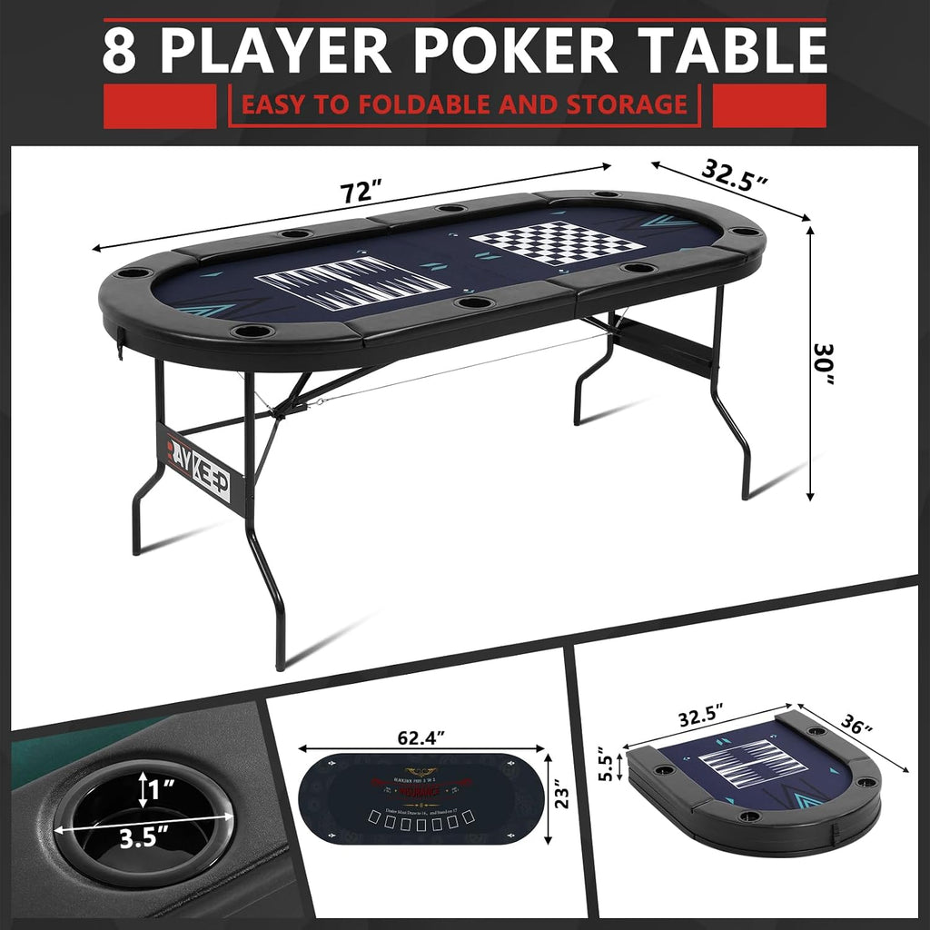 4-in-1 Poker Table Foldable, 8 Player Folding Poker Table w/Interchangeable Texas Holdem/Blackjack Game Mat & Built-in Chess/Backgammon Board, Portable Game Table for Home Party（72inch