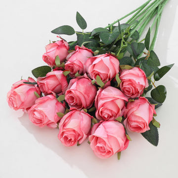 12Pcs Realistic Fake Dark Pink Roses Faux Flowers with Long Stems, Artificial Silk Rose Flowers for Valentines Day
