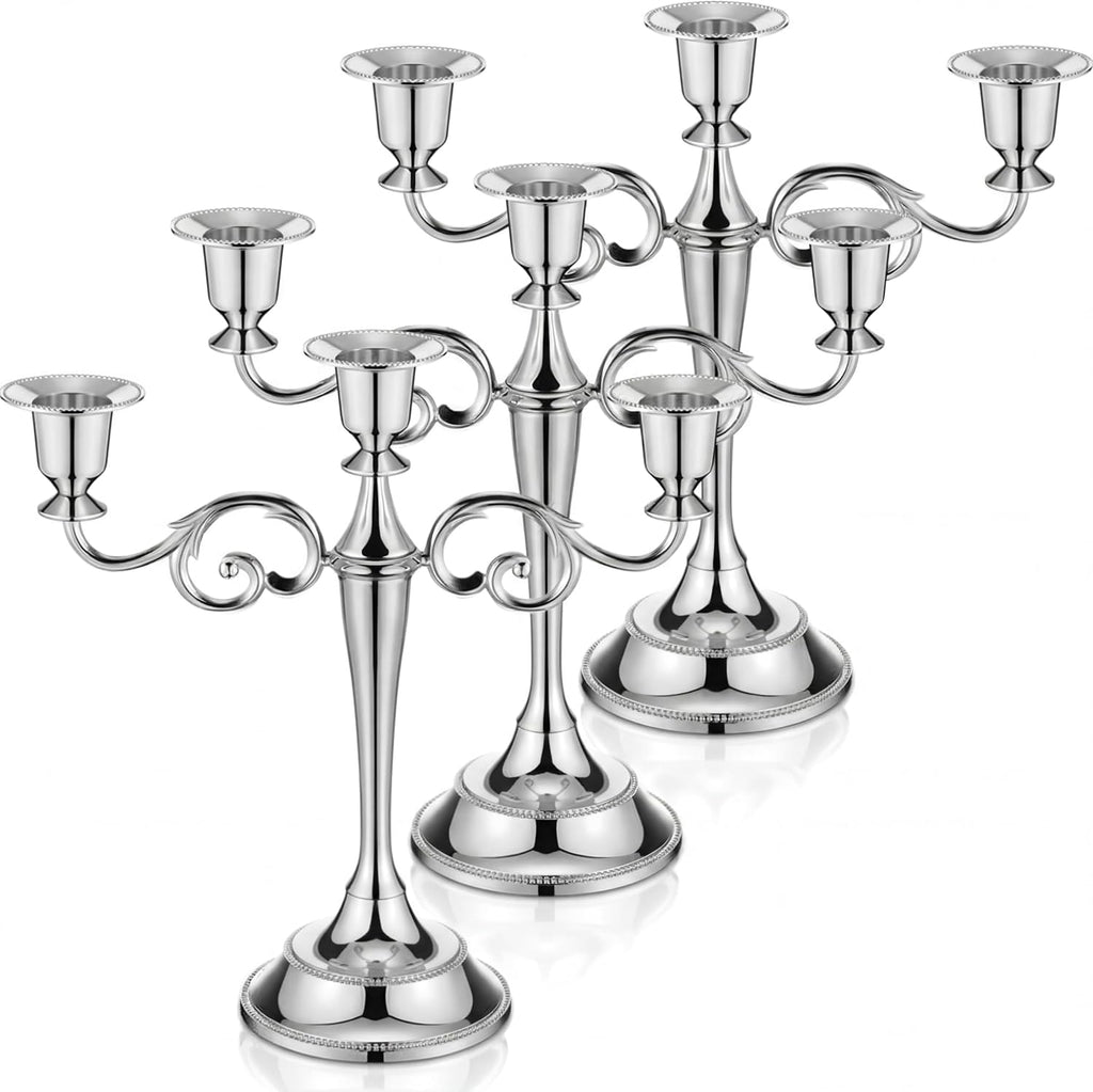 3 Pcs 3 Arm Metal Candelabra Candlestick Holders Tall Candlestick Holders Gothic Candle Holdery (Classic,10 Inch,Silver)