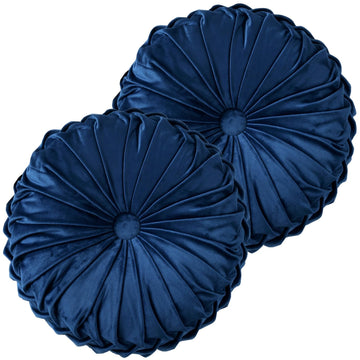 Set of 2 Navy Velvet Decorative Round Pleated Throw Pillows