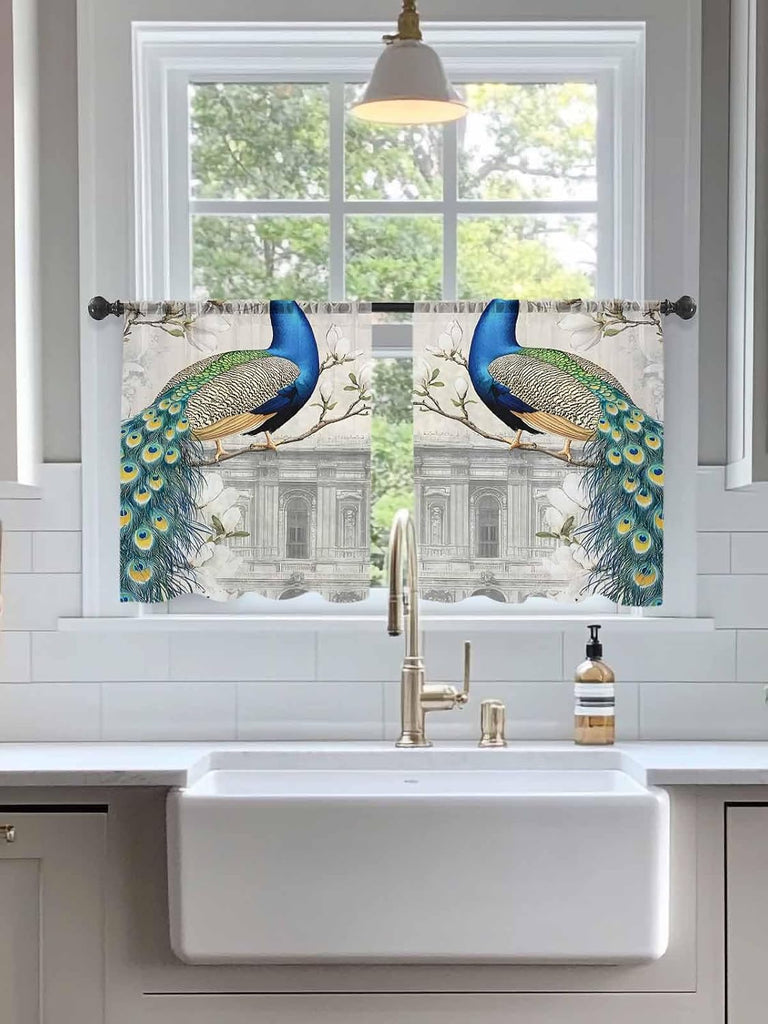Luxury Peacock Sheer Curtains 45 Inches Length 2 Panels Set, Window Sheer Curtains, Watercolor Vintage Floral Attic