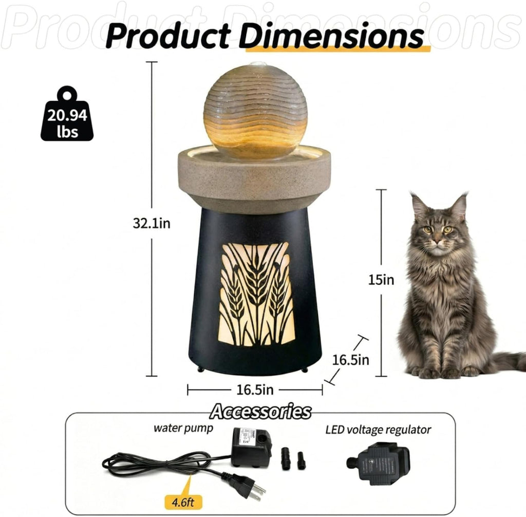 Modern Sphere Water Fountain with LED Lights and Quiet Pump, Freestanding Resin Zen Decor, Suitable, Balcony, Indoor