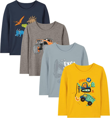 4 Pack Toddler Boys Long Sleeve Shirts Baby Tees Shirts Cotton Tops