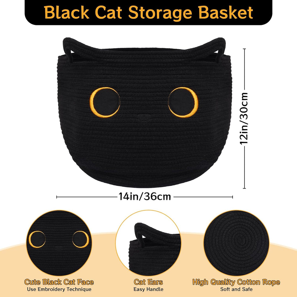 Cute Black Cat Round Basket - Cotton Rope Baskets Large Baby Laundry | Blasket , Woven Blanket Basket Hamper With