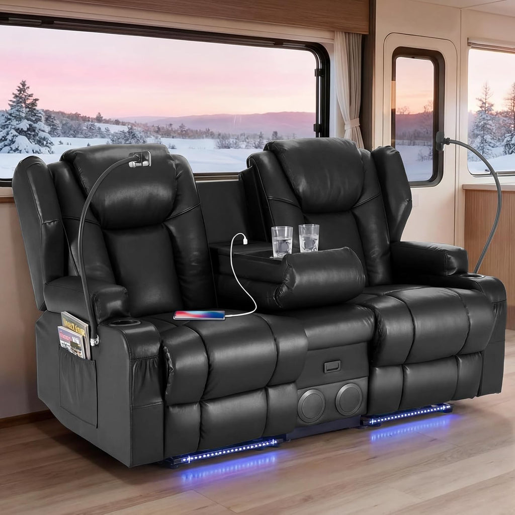 Redlife Power Loveseat Recliner Sofa with Console, PU Leather Dual Reclining Couch with Blue LED Lights