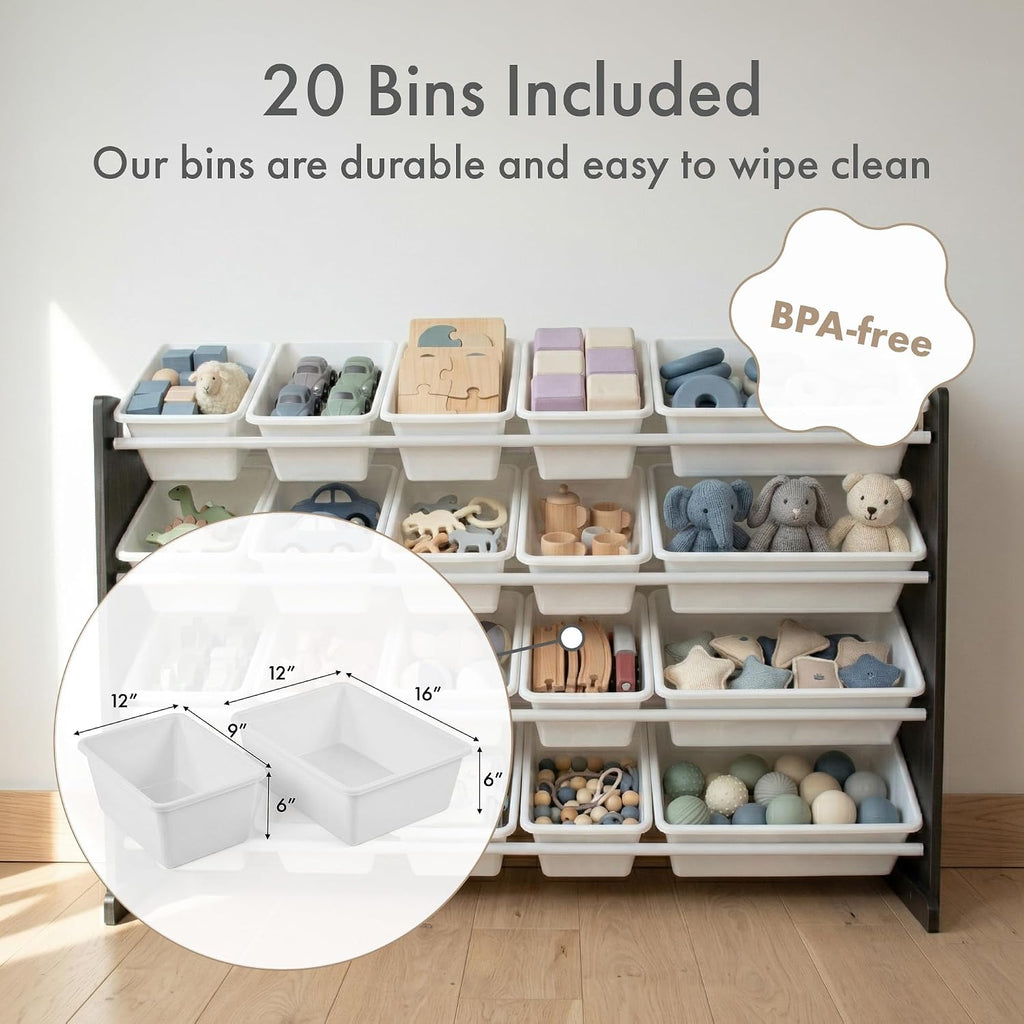 Kids Toy Organizer with 20 Bins, 4 Tier Storage | Sturdy wood and steel toddler shelf, removable BPA-free containers