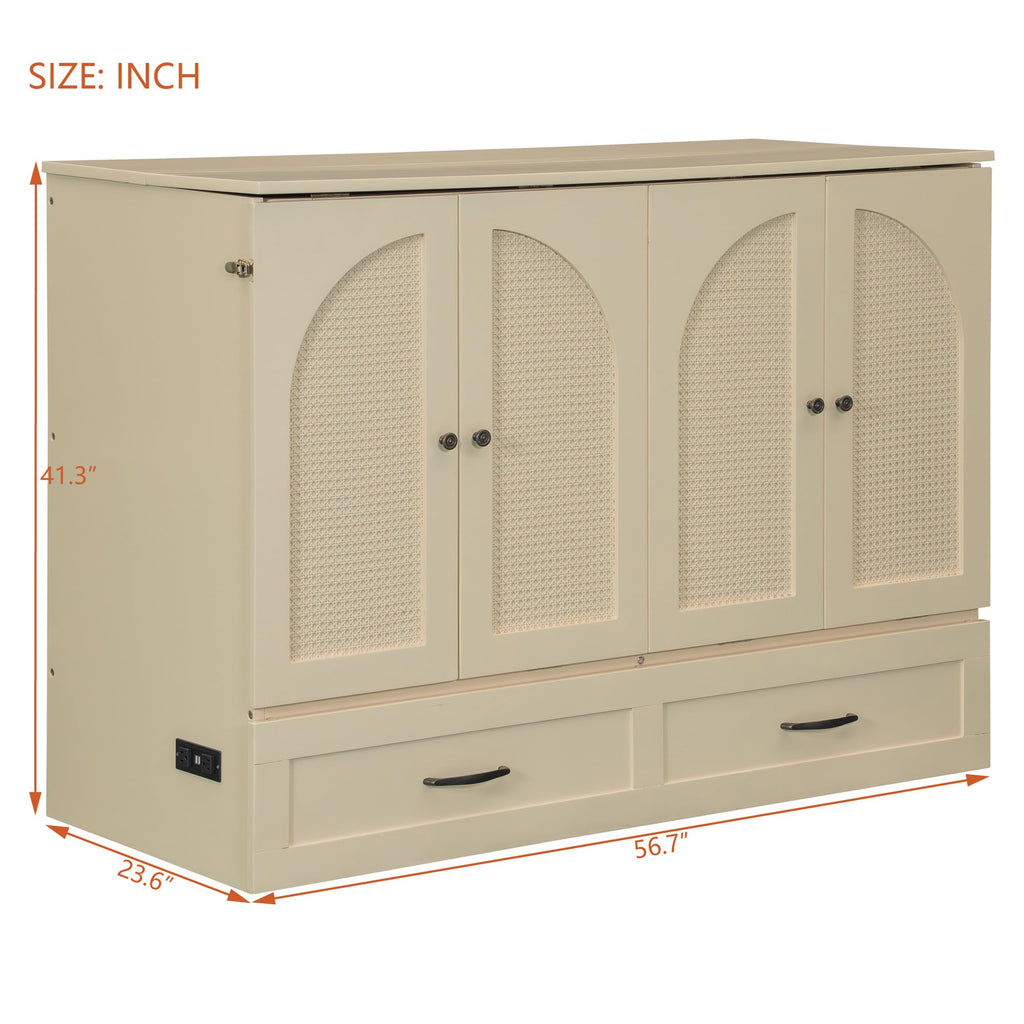 Full Murphy Bed with Large Drawers, Wood Cabinet Bed (Gold)
