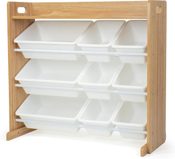 Kids Toy Organizer with Display Shelf, 9 Bins, 3 Tier Storage | Sturdy wood and steel toddler shelf, removable