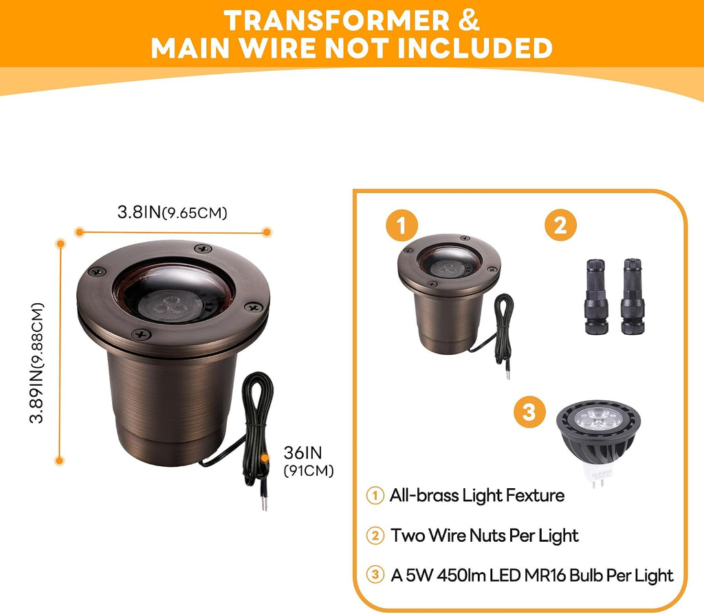 Brass Well Light - IP67 Waterproof Low Voltage In-Ground Outdoor Light, 12V LED Landscape Lighting, Antique Bronze