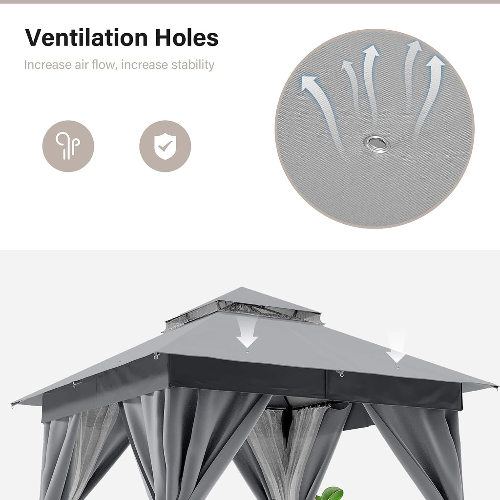 Patio Gazebo 8'x8', Outdoor Heavy Duty Party Tent Shelter with Double Roofs, Mosquito Nettings and Privacy Screens Gray