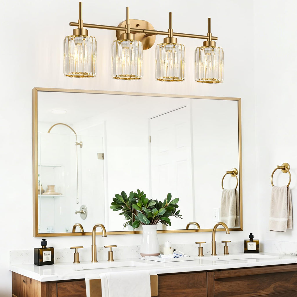 Modern Crystal Bathroom Vanity Light, 4-Light Gold Bathroom Light Fixtures Over Mirror, Crystal Vanity Light with